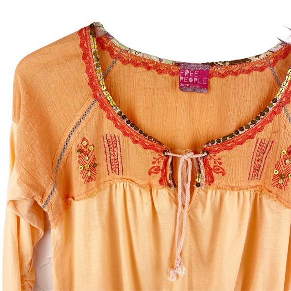 FREE PEOPLE BOHO Orange 3/4 Sleeve Peasant Summer Top XS - Picture 4 of 5
